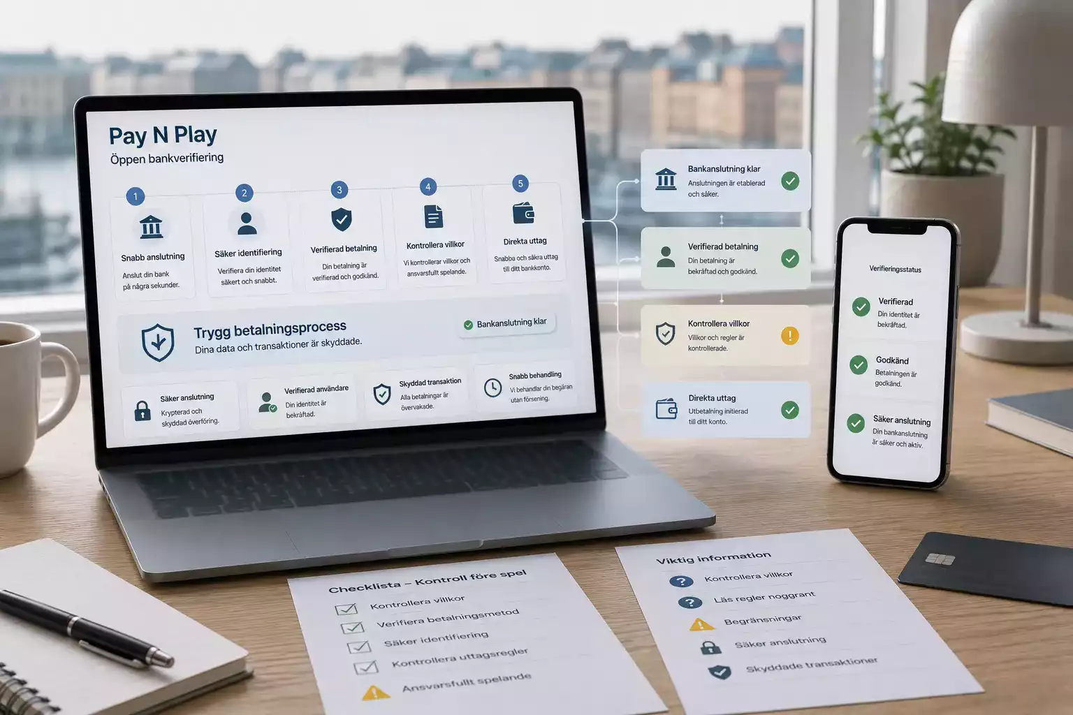 Neutral illustration av Trustly Pay N Play som bankbaserat casinoflöde